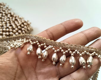 8 Yards- Rose Gold Suspended Beaded Trim, Lehenga Dupatta Lace, Upholstery Trim, Beaded Tassel Border Indian Wedding Dress Trim