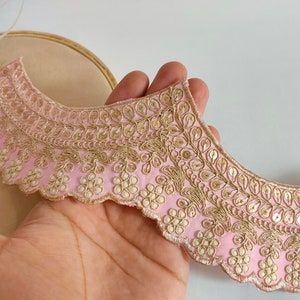 Light Pink Embroidered Scallop Lace: Zari Sari Border Trim
