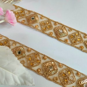 Golden Zari Embroidered Mirror Lace: Indian Sari Border Trim, 9 Yards