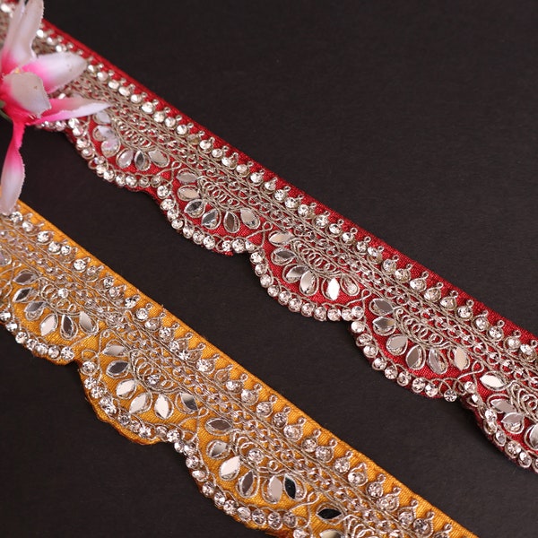 3 yards Zircon rouge/jaune moutarde cloutés festonné vigne, sari indien brodé fantaisie, couture bricolage bordure dentelle 3,5 cm