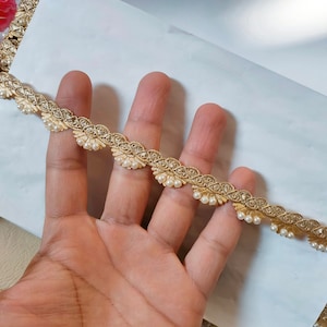 Golden Scalloped Pearl Lace Trim: Indian Saree Border, 9 Yards