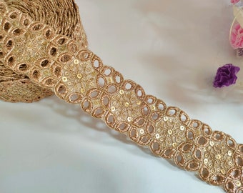 Rose Gold Cutwork Jali Thread Embroidered Trim Vine, Glamourous Sari trim, Indian Dupatta Lace, DIY Sewing Decoration Border 6cm Wide