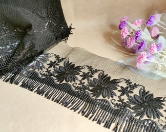 Recorte de organza de algodón con borla gótica floral negra, encaje bordado de lentejuelas vintage, cordón de costura DIY para manualidades, 15 cm de ancho - cortado a medida
