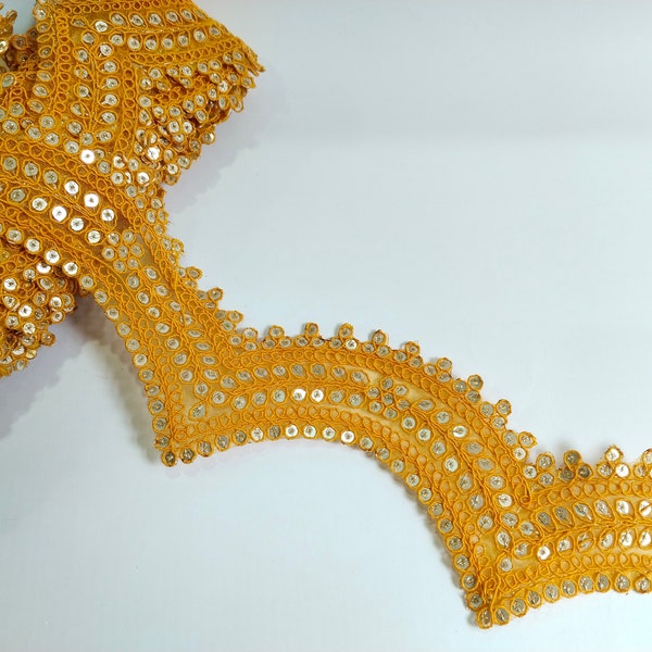 7 mètres de dentelle à paillettes dorées brodées indiennes de pétoncles jaune pâle, bordure de bordure Sari, costumes fantaisie Dupatta, garniture de robe de mariée Lehenga, 5,5 cm