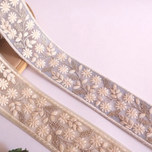 Céu azul/hortelã verde net floral threadwork bordado lantejoulas guarnição, elegante borda sari indiano, renda de enfeite, renda de costura decorativa