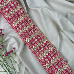Magenta Gota Patti Lace: Zircon Stone Indian Sari Border (7cm)