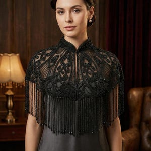 Black Embroidered Beaded Bridal Cape: Wedding Cover-Up Shrug
