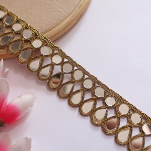3 Yards - Antique Golden Narrow Mirror Trim, Symmetric Cutwork Sari Border, Mirror Lace for Necklace, Belts, Dress Embellishments 2.5 cm