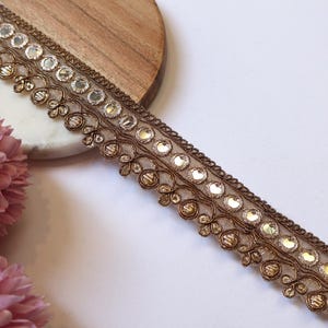 Zari Embroidered Sari Border Trim: Brown & Gold Faux Mirror Lace