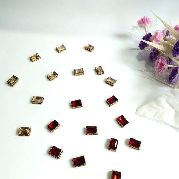 Pack of 10 - Rectangular Crystal Stones Metallic Buttons, Glass embellishments for DIY Sewing Decoration Garments Artwork (Red & Golden)