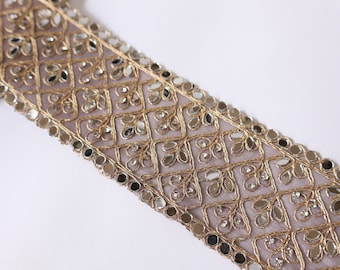 Stunning Taupe Grey Net Fabric Mirror & Zircon Embellished Trim, Indian Sari Border, Lehenga Gown Border Lace, DIY Sewing Crafting 7 cm Wide