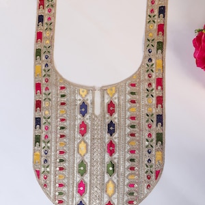 Ethnic Multi Color Zari & Sequin Embroidered Neckline Sew on Patch, Indian Threadwork Patch for DIY Dress, Suit Anarkali Dress - 45x26 cm