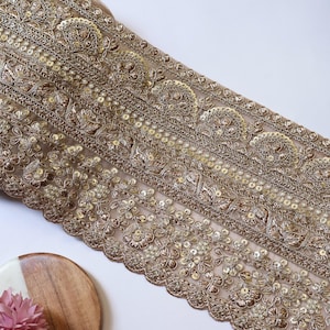 Antique Gold Broad Floral Sequin Trim, Embroidered Indian Sari Border, DIY Wedding Dress Lace, Embellishments 15cm by Yard