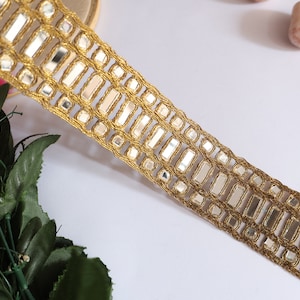 Gold Mirror Lace Trim: Rectangular Embellishment, 4.5cm Wide