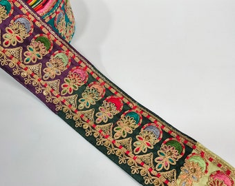 Antique Colorblock Zari Embroidered Rainbow Threadwork Zardozi Border Trim, Indian Sari Lehenga Lace, DIY Sewing Crafting Decoration by Yard