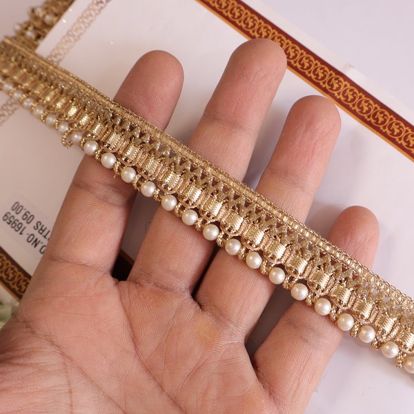 9 yards - étroit 1" dentelle de bordure perlée de perles dorées, dentelle ruban de bordure de costume sari Dupatta, dentelle brodée indienne, artisanat de couture bricolage