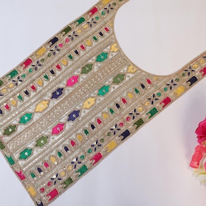 Ethnic Multi Color Zari & Sequin Rectangular Embroidered Neckline Sew on Patch, Indian Threadwork Patch for DIY Dress Sewing - 49 x 25cm