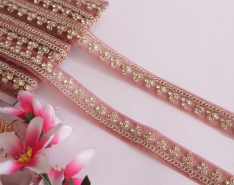 Encaje estrecho Gajri rosa, cinta de borde de sari indio, encaje de adorno para manualidades de costura DIY para Dupatta, traje, decoración 1,5 cm de ancho 9 yardas