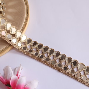 Rose Golden Narrow Mirror Trim, Symmetric Cutwork Sari Border, Mirror Lace for Necklace, Belts, Vintage  Dress Embellishments 2.5cm Wide