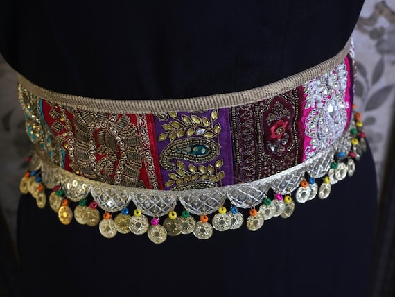 Boho Embroidered Waist Belt: Indian Fashion Metal Coin Chain 