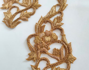 1 Pair- Antique Golden Zardozi Embroidered Sew -On Baroque Patch, Indian Applique Patch for DIY Sewing, Crafting, Fancy Dresses, Garments