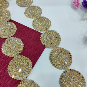 Golden Embroidered Real Mirror Trim, Indian Sari Wedding Dress Embellishment Lace, Gota Cutwork Border Wedding Sash Suply By Yard