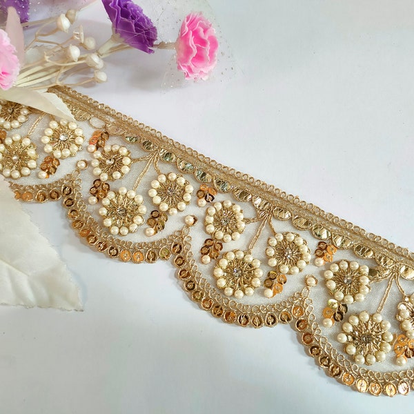 Creme Gold Pearl & Crystal Gotawork Indian Embroidered Lace Zari Embellished Net Fabric Trim Sari Lehenga Gown Dress, 7.5 Cm Wide