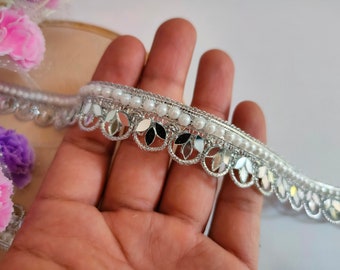 Beautiful Narrow Silver Trim Lace with Pearls & Real Mirrors, Scallop Trim Indian Embroidered Lace, Hand Beaded Border, DIY Sewing Craft
