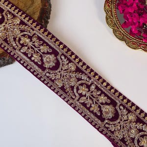 Wine Velvet Lace: Golden Zari Embroidered Indian Sari Border, 9 Yards