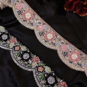 Floral Beaded Embroidered Lace: Light Pink/Black Indian Trim, 6cm Wide - 3 Yards