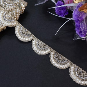 Creme Gold Pearl & Zircon Sequin Scallop Trim Border, Indian Embroidered Sari Lace, Wedding Sash Supply Lehenga Dupatta Trim