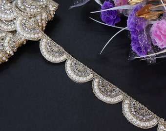 Borde de adorno de vieira de lentejuelas de perla de oro crema y zircón, encaje sari bordado indio, suministro de faja de boda Lehenga Dupatta Trim