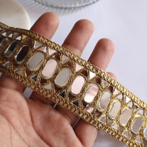 Dark Golden Symmetric Cutwork Mirror Trim, Sari Border, Wedding Dress Embellishments, Indian Dupatta Lehenga Lace by Yard 4.5cm Wide