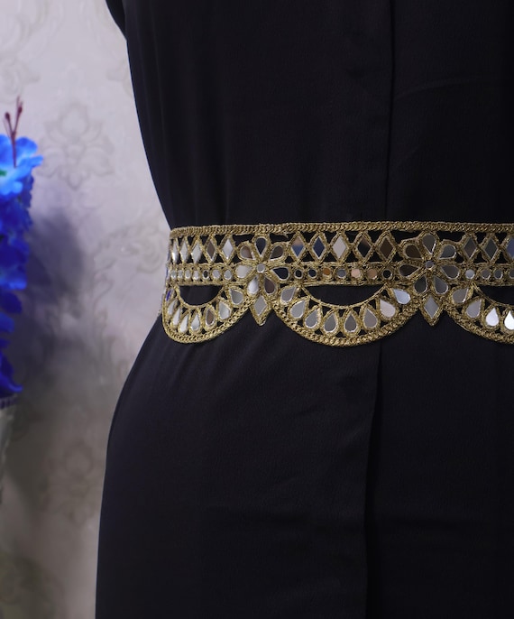 Dark Gold Scalloped Mirror Waist Belt: Floral Cutwork, Adjustable