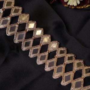 Rose Gold Mirror Cutwork Sari Trim: Indian Vine Lace, 4cm Wide