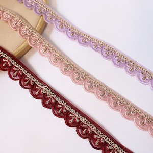 Embroidered Indian Lace Trim: Maroon, Purple, Pink, Gold Sequins (2cm, 9 Yards)