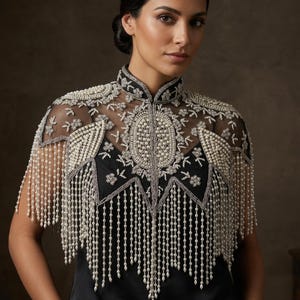 Black Pearls Beaded Fringe Bridal Cape: Wedding Cover-Up Shrug Black White
