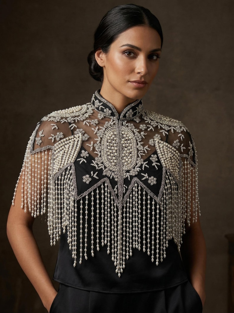 Black Pearls Beaded Fringe Bridal Cape: Wedding Cover-Up Shrug Black White