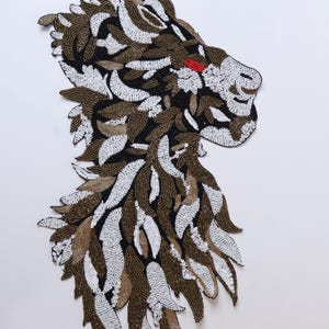Large Beaded Lion Patch: Metallic Embroidered Applique, Handmade Indian Design