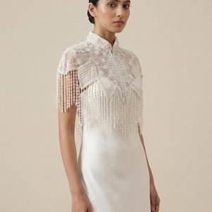 Black Pearls Beaded Fringe Bridal Cape: Wedding Cover-Up Shrug White