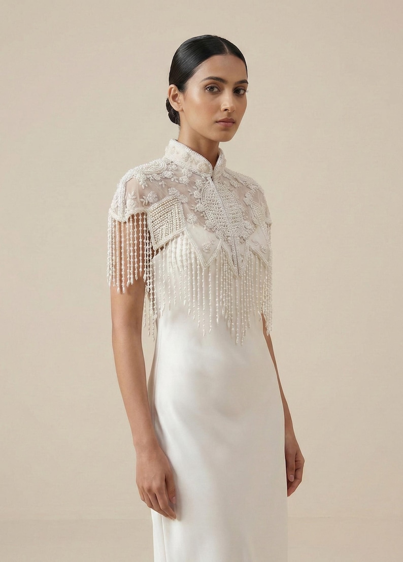 Black Pearls Beaded Fringe Bridal Cape: Wedding Cover-Up Shrug White