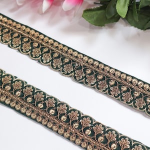 9 jardas - Linda videira bordada com lantejoulas Zari verde escuro, enfeite de renda elegante para vestido de noiva, borda de sari indiano com recorte