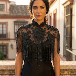 Black Pearls Beaded Fringe Bridal Cape: Wedding Cover-Up Shrug image 3
