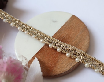 9 Yards Narrow Pearl Gold Beaded Lace Trim - 1.5cm Wide