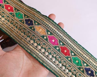 Green Zari Embroidered Sequin Trim: Indian Sari Border Lace, 10cm Wide