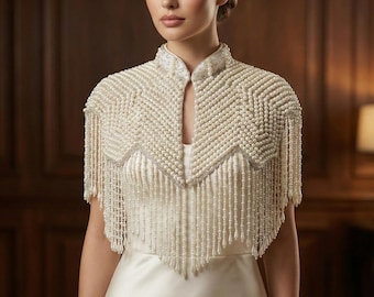 White Pearl Beaded Cape: Wedding & Evening Cover-Up Shrug
