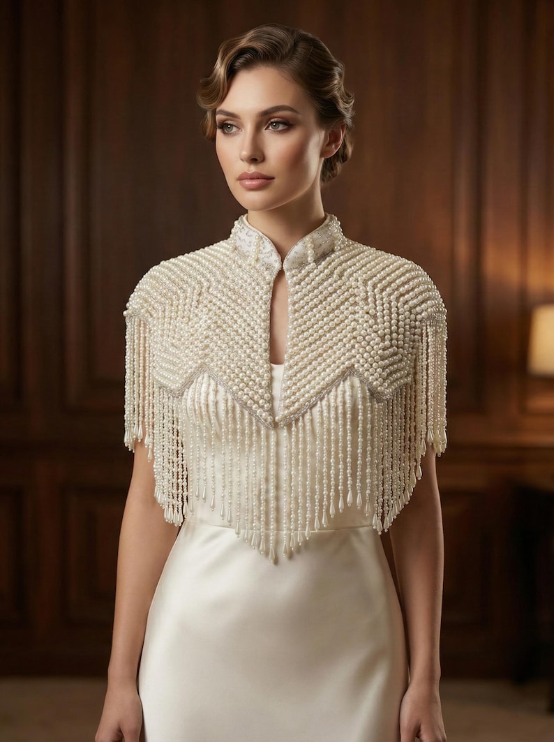 May include: Ivory beaded bridal capelet with fringe. The capelet features a high collar and a geometric pattern of small beads. The fringe hangs from the shoulders, adding movement and elegance to the design. The capelet is worn over a white satin dress.