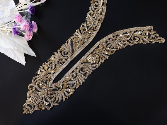 Embroidered Gold Zardozi Neckline Patch With Sleeves: Indian