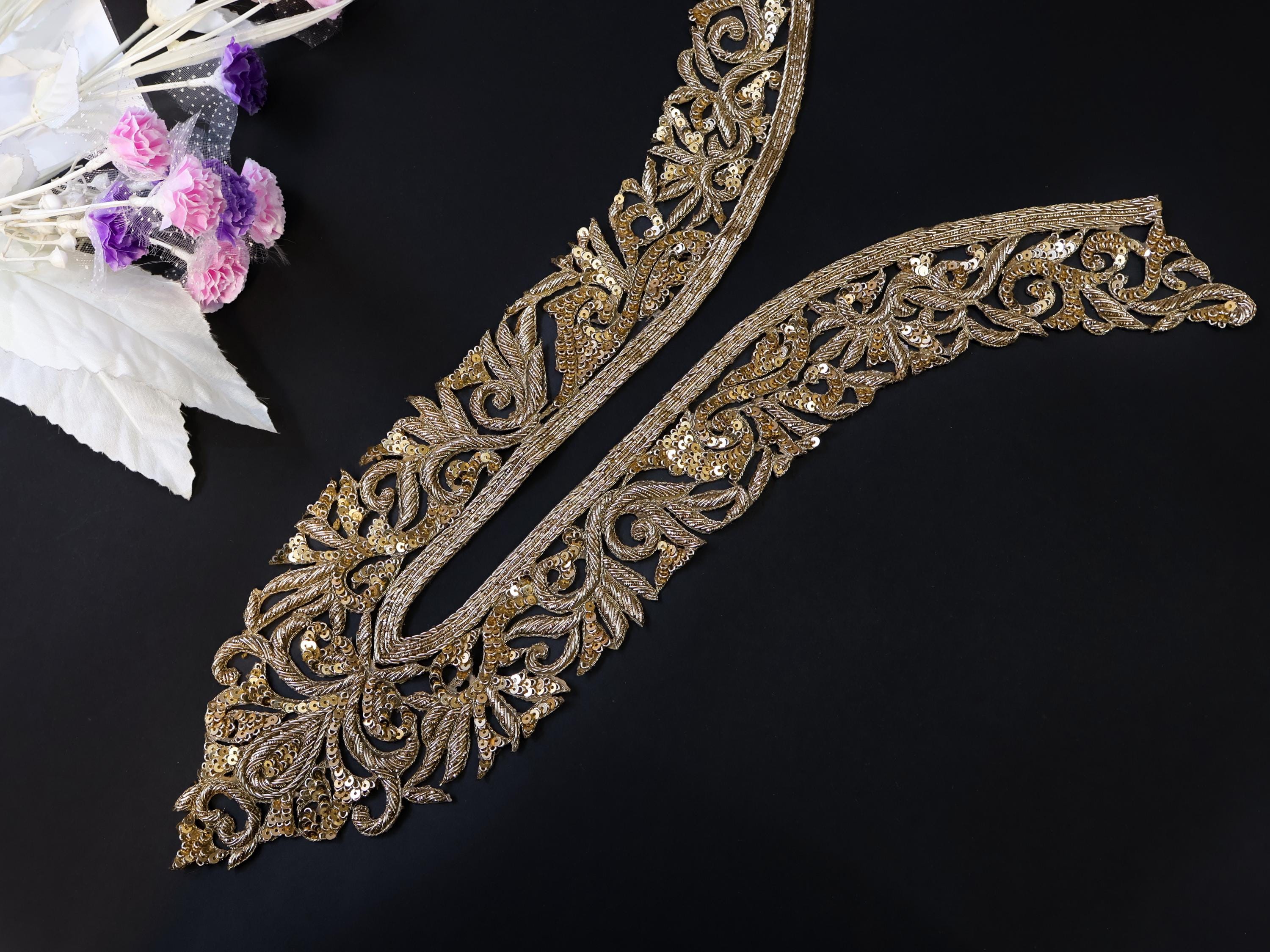 Embroidered Gold Zardozi Neckline Patch With Sleeves: Indian