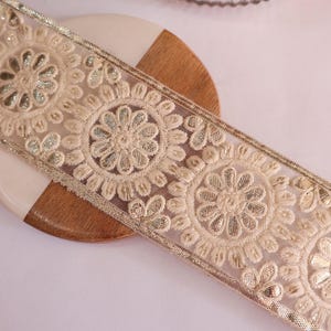 White & Gold Gota Patti Floral Lace - Indian Sari Border Trim